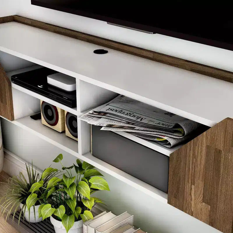 Meuble TV flottant de transition pour téléviseurs jusqu'à : Fixation murale, gestion des câbles, rangement