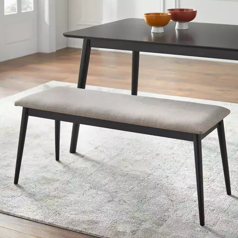 Banc Moderne du Milieu du Siècle, Rembourré, Noir/Gris : Milieu du siècle, Rembourré, Cadre en bois d'hévéa