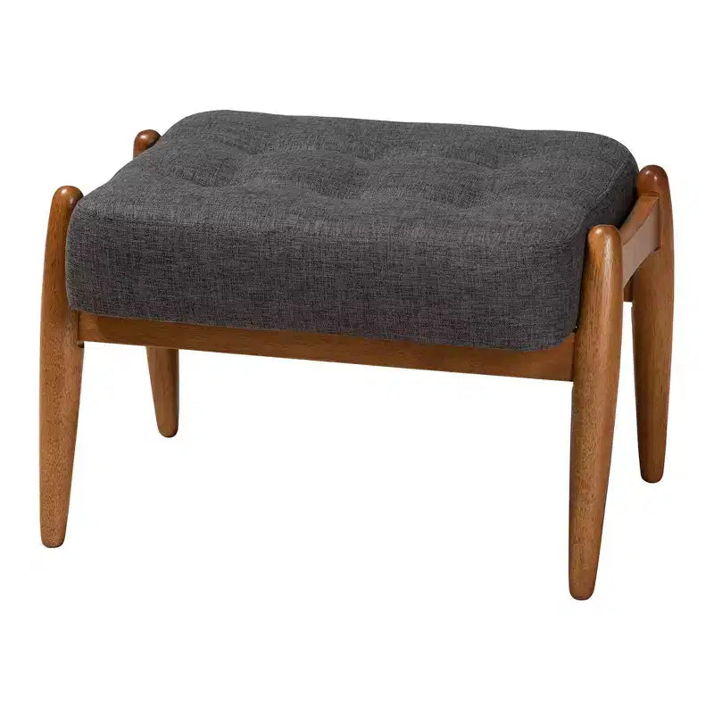 Tabouret de rangement en tissu et bois Gris foncé/Noyer brun - Inspiration Japandi, cadre en bois d'hévéa, capitonné