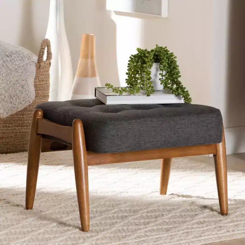 Tabouret de rangement en tissu et bois Gris foncé/Noyer brun - Inspiration Japandi, cadre en bois d'hévéa, capitonné