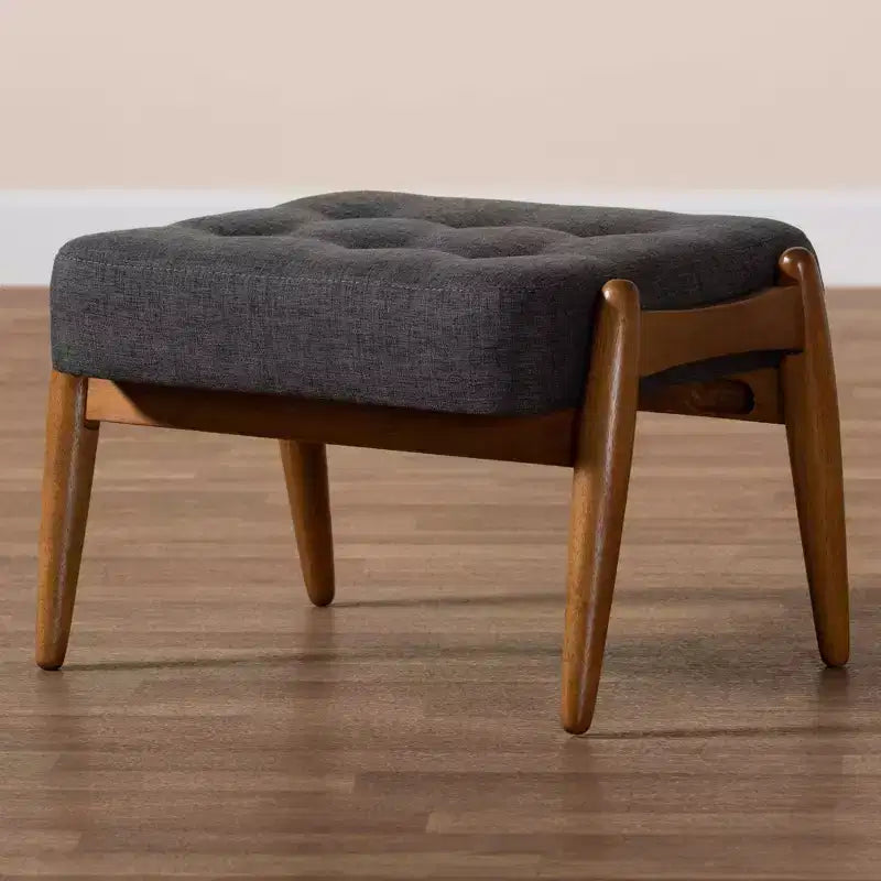 Tabouret de rangement en tissu et bois Gris foncé/Noyer brun - Inspiration Japandi, cadre en bois d'hévéa, capitonné