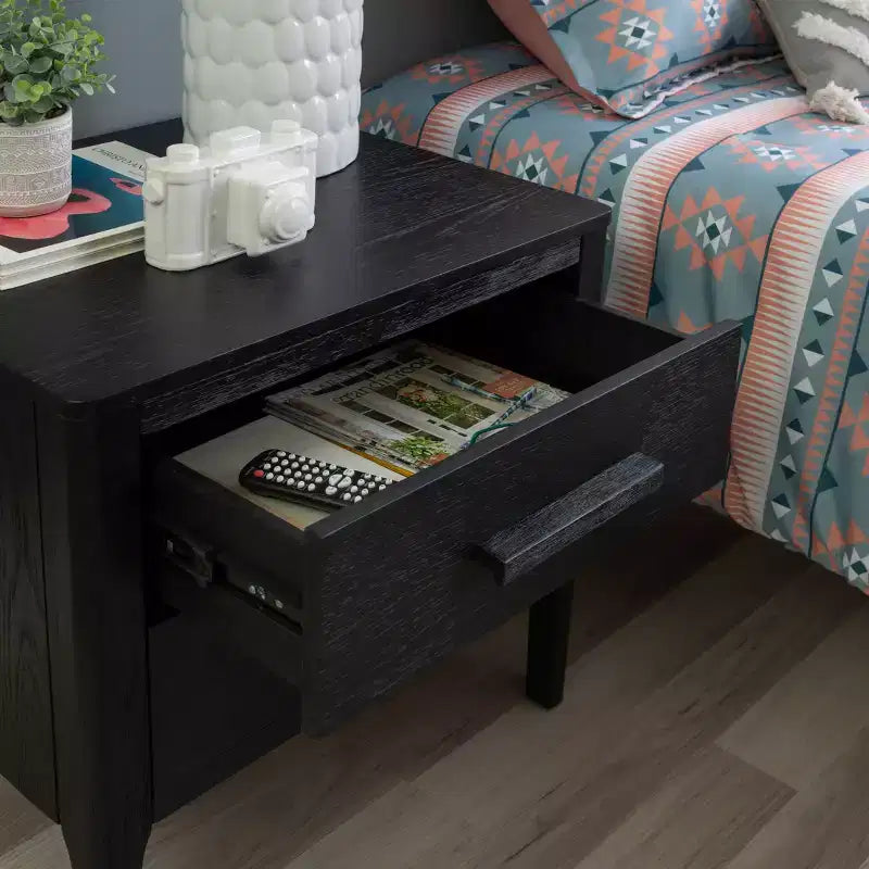 Table d'appoint mi-siècle moderne 2 tiroirs en bois massif noir - Placage de chêne, pieds en bois d'hévéa, rangement