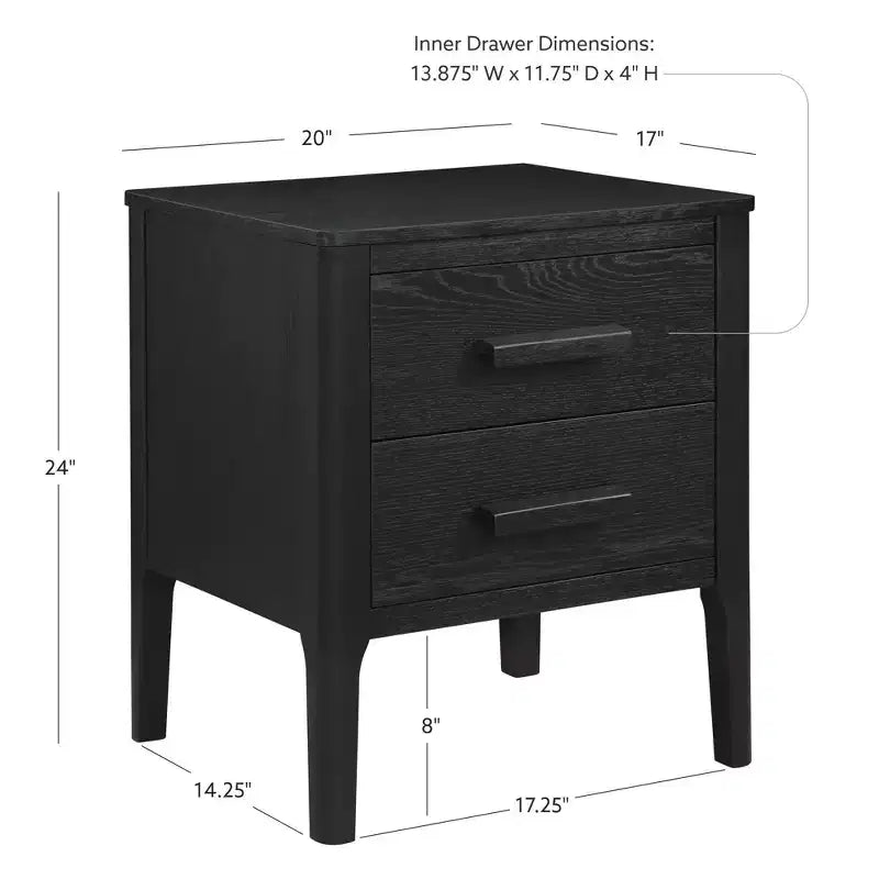 Table d'appoint mi-siècle moderne 2 tiroirs en bois massif noir - Placage de chêne, pieds en bois d'hévéa, rangement