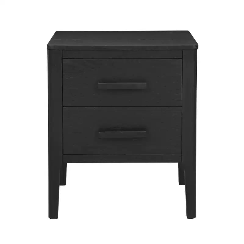 Table d'appoint mi-siècle moderne 2 tiroirs en bois massif noir - Placage de chêne, pieds en bois d'hévéa, rangement