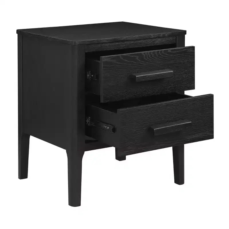 Table d'appoint mi-siècle moderne 2 tiroirs en bois massif noir - Placage de chêne, pieds en bois d'hévéa, rangement