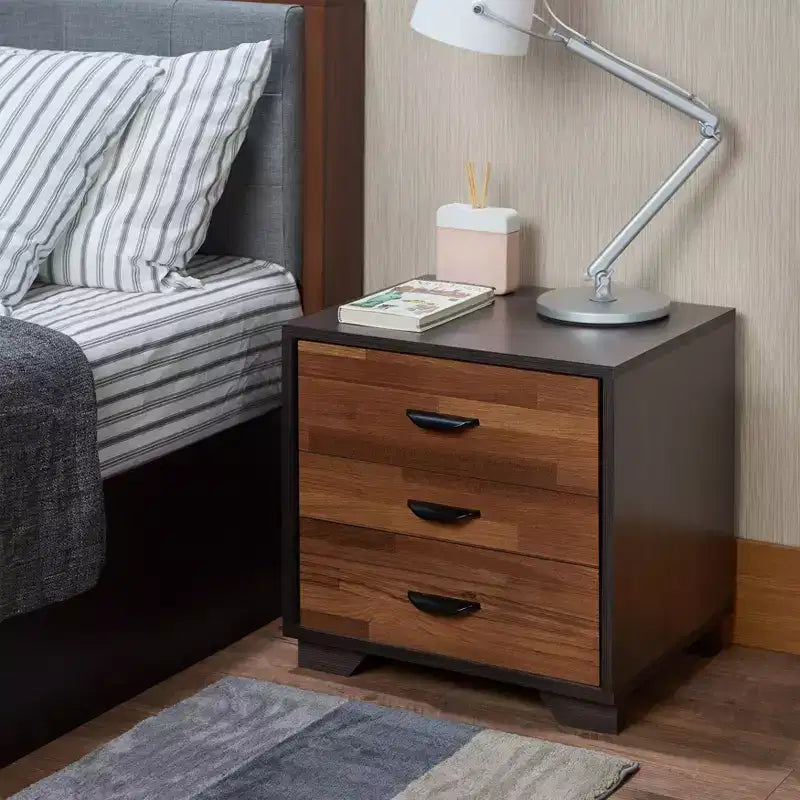 Table d'appoint 20" finition noyer/espresso : plateau rectangulaire en MDF, pieds en bois, rangement avec tiroir