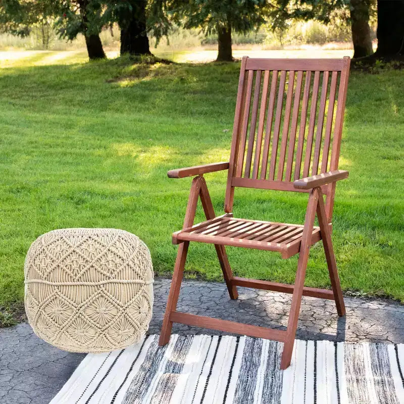 Pouf/ottoman rond en macramé fait main en coton naturel, couleur crème unie, 18 po