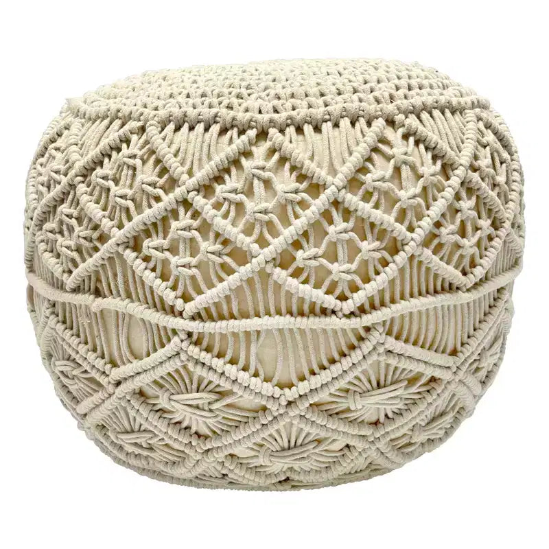 Pouf/ottoman rond en macramé fait main en coton naturel, couleur crème unie, 18 po