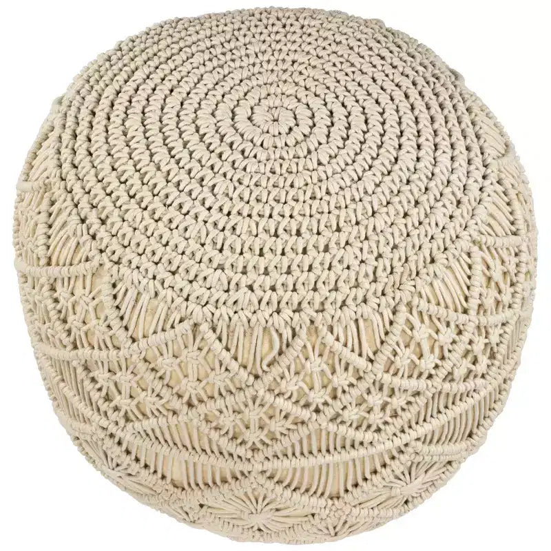 Pouf/ottoman rond en macramé fait main en coton naturel, couleur crème unie, 18 po