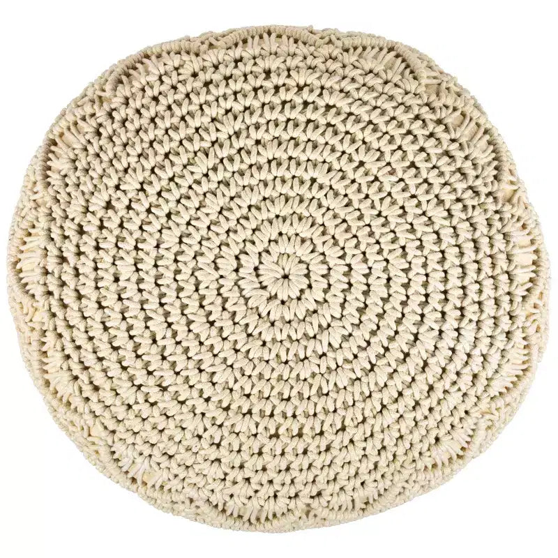 Pouf/ottoman rond en macramé fait main en coton naturel, couleur crème unie, 18 po