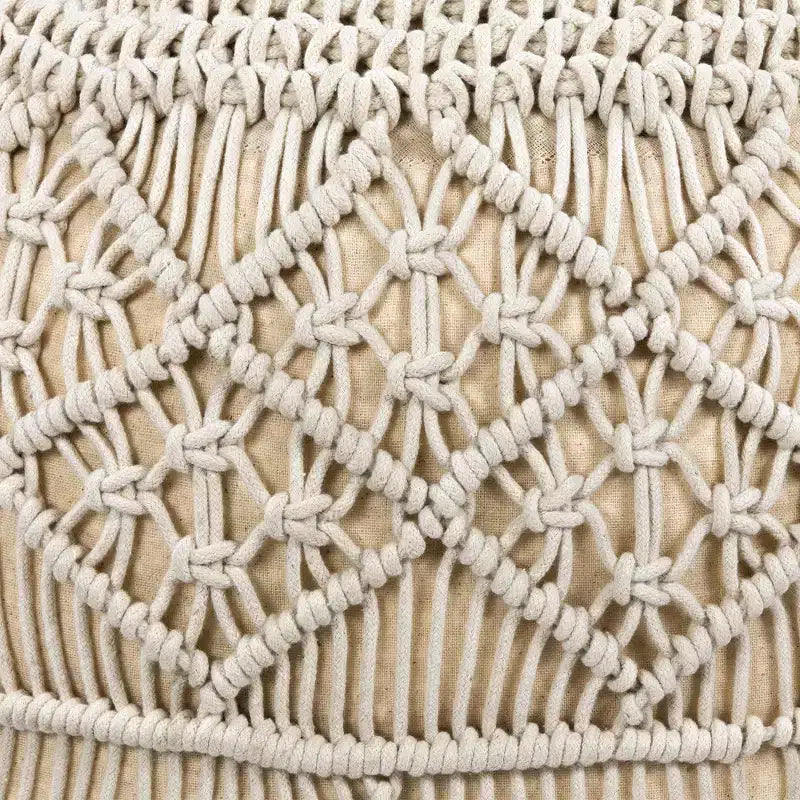 Pouf/ottoman rond en macramé fait main en coton naturel, couleur crème unie, 18 po