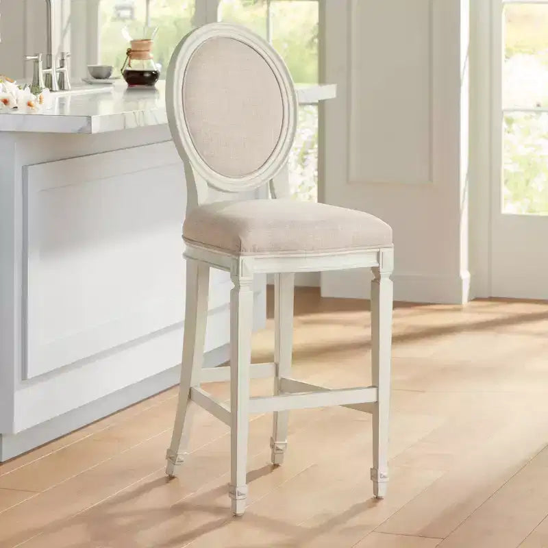 Tabouret de Bar en Bois Crème Vanille 79 cm de Haut Style Rétro Vintage Français avec Coussin Amande, Dossier et Repose-Pieds pour Îlot ou Comptoir de Cuisine