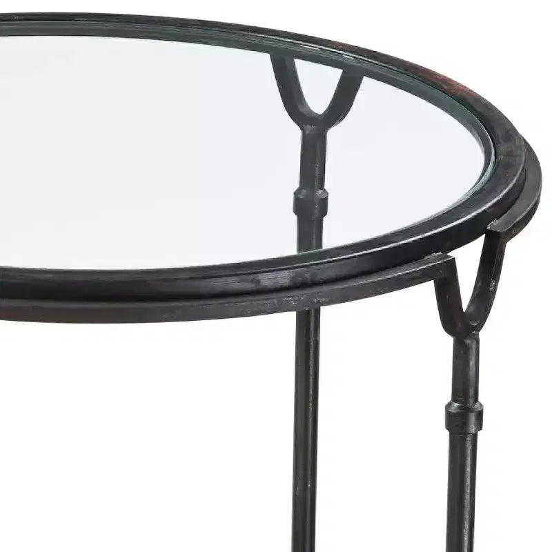 Table d'appoint ronde moderne en acier, 24 1/2 po de large, noir vieilli, plateau en verre transparent, pour salon, chambre à coucher, entrée