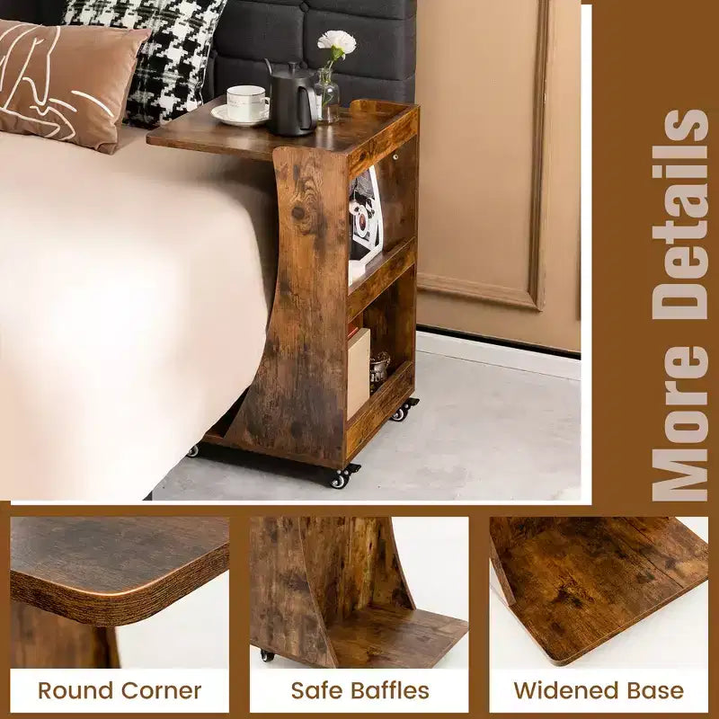 Table d'appoint avec roulettes, table d'appoint mobile en forme de C avec étagère de rangement ouverte à 2 niveaux et 2 compartiments de rangement arrière Marron/Gris