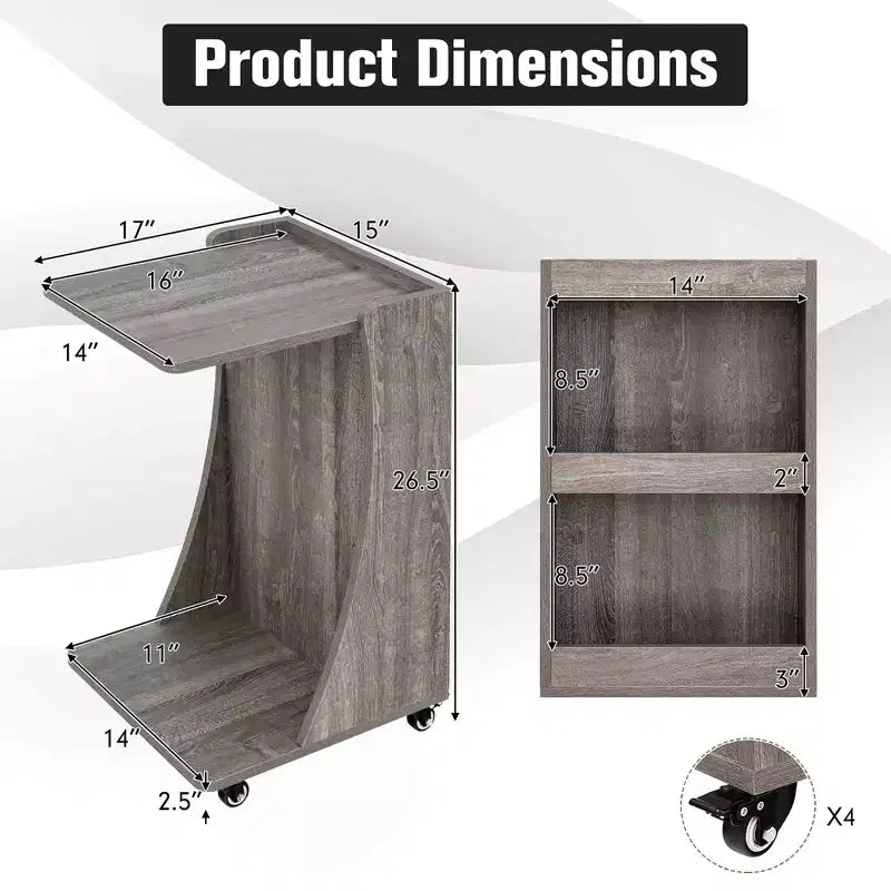 Table d'appoint avec roulettes, table d'appoint mobile en forme de C avec étagère de rangement ouverte à 2 niveaux et 2 compartiments de rangement arrière Marron/Gris