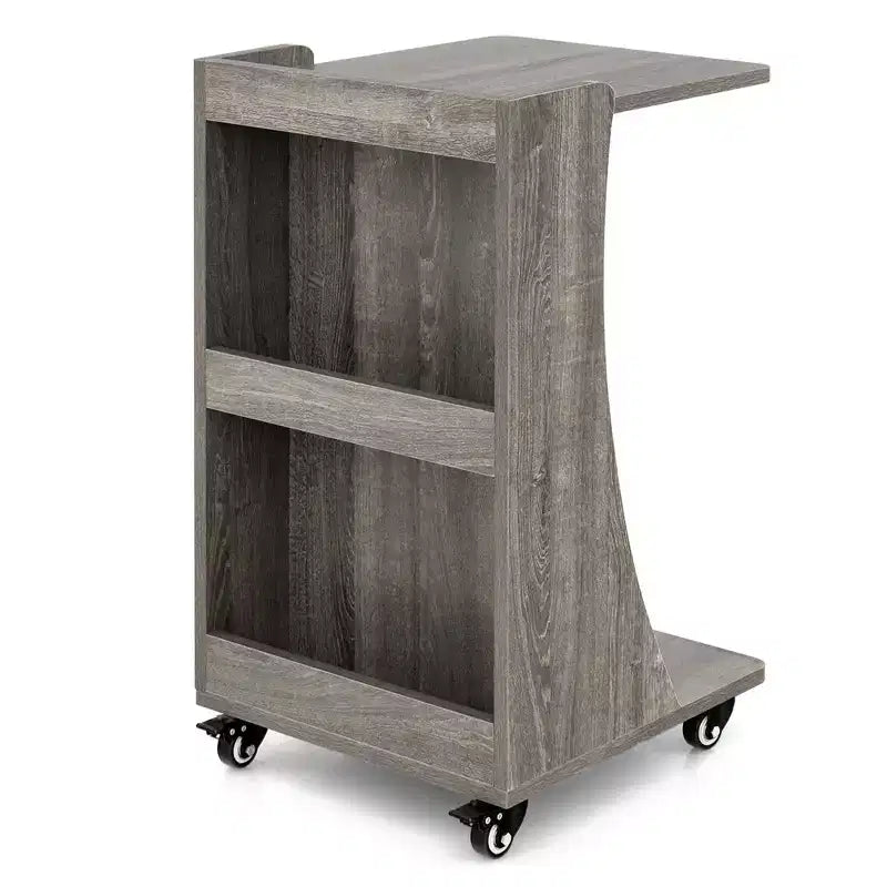 Table d'appoint avec roulettes, table d'appoint mobile en forme de C avec étagère de rangement ouverte à 2 niveaux et 2 compartiments de rangement arrière Marron/Gris