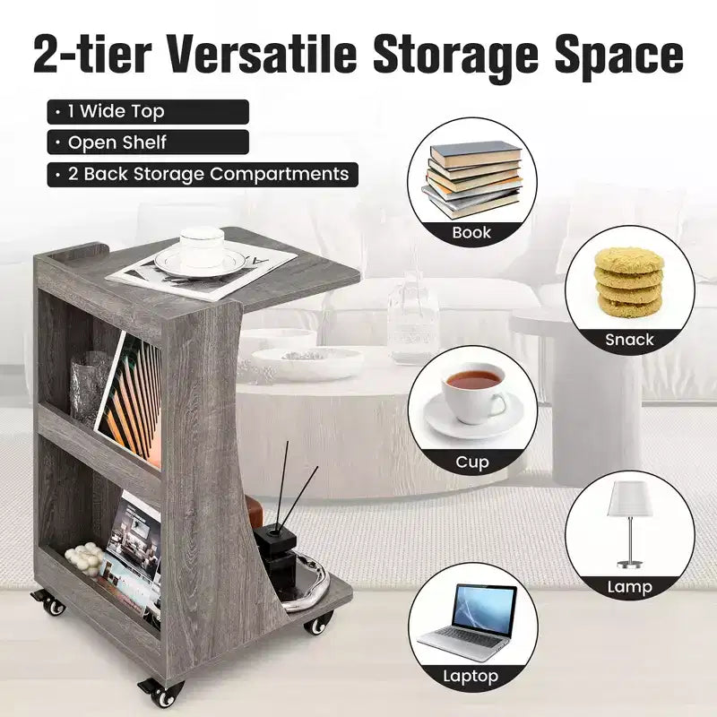 Table d'appoint avec roulettes, table d'appoint mobile en forme de C avec étagère de rangement ouverte à 2 niveaux et 2 compartiments de rangement arrière Marron/Gris