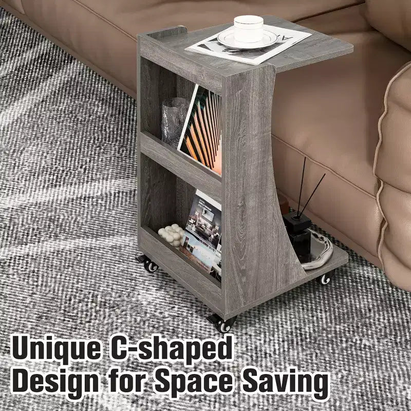 Table d'appoint avec roulettes, table d'appoint mobile en forme de C avec étagère de rangement ouverte à 2 niveaux et 2 compartiments de rangement arrière Marron/Gris