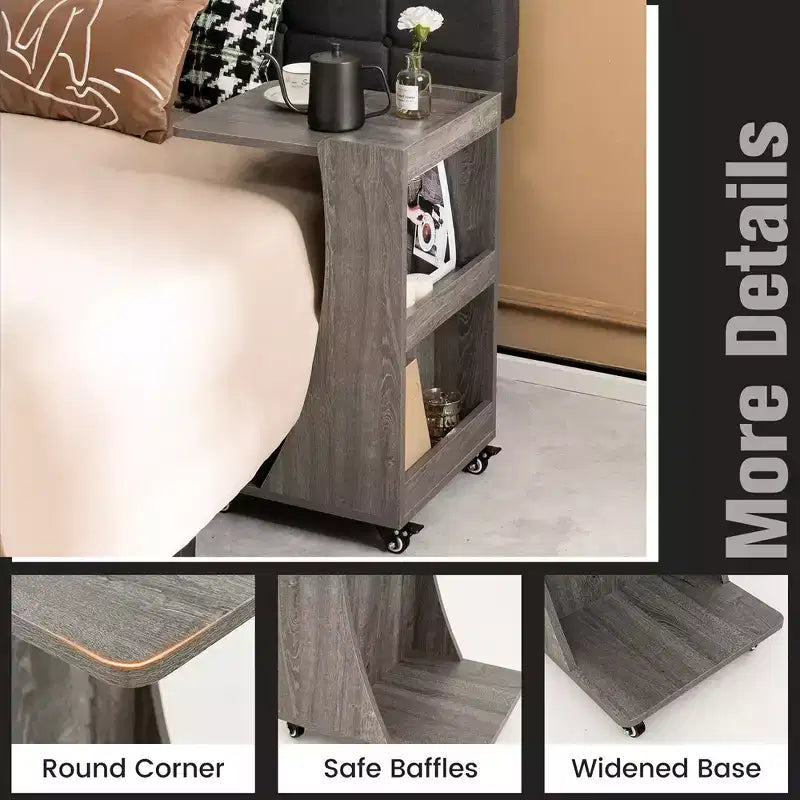 Table d'appoint avec roulettes, table d'appoint mobile en forme de C avec étagère de rangement ouverte à 2 niveaux et 2 compartiments de rangement arrière Marron/Gris