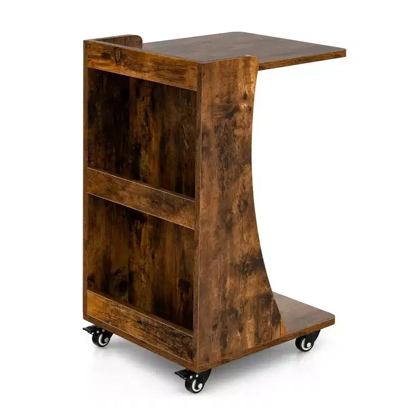 Table d'appoint avec roulettes, table d'appoint mobile en forme de C avec étagère de rangement ouverte à 2 niveaux et 2 compartiments de rangement arrière Marron/Gris