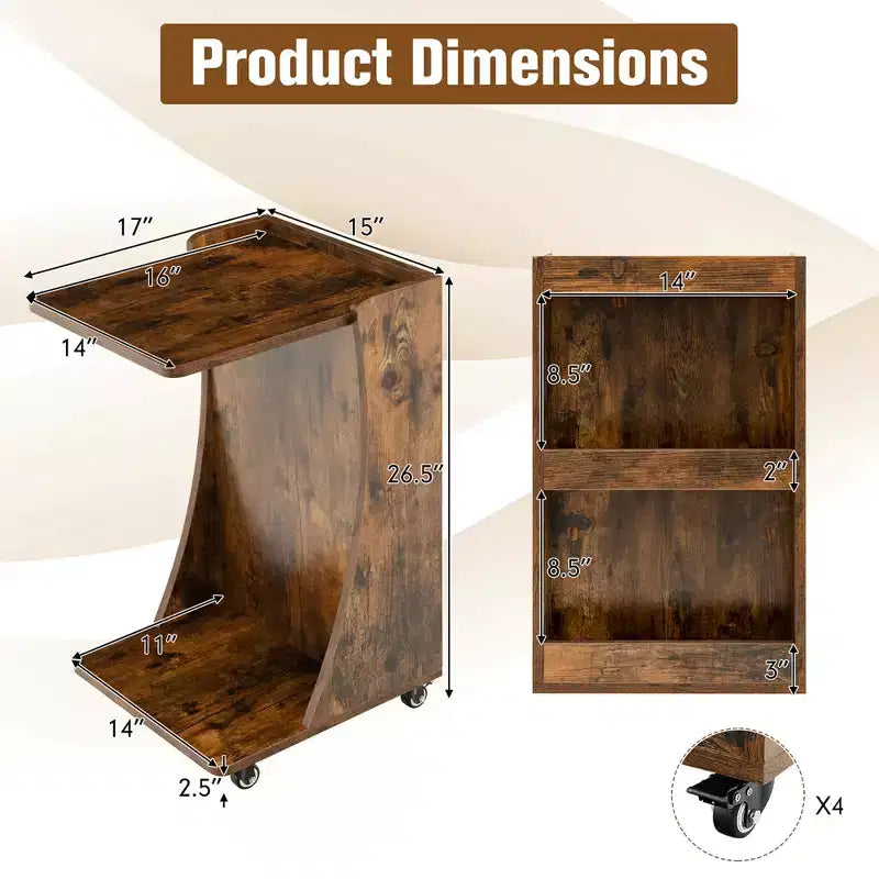 Table d'appoint avec roulettes, table d'appoint mobile en forme de C avec étagère de rangement ouverte à 2 niveaux et 2 compartiments de rangement arrière Marron/Gris