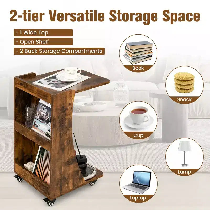 Table d'appoint avec roulettes, table d'appoint mobile en forme de C avec étagère de rangement ouverte à 2 niveaux et 2 compartiments de rangement arrière Marron/Gris