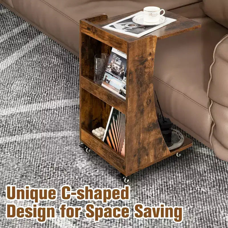 Table d'appoint avec roulettes, table d'appoint mobile en forme de C avec étagère de rangement ouverte à 2 niveaux et 2 compartiments de rangement arrière Marron/Gris