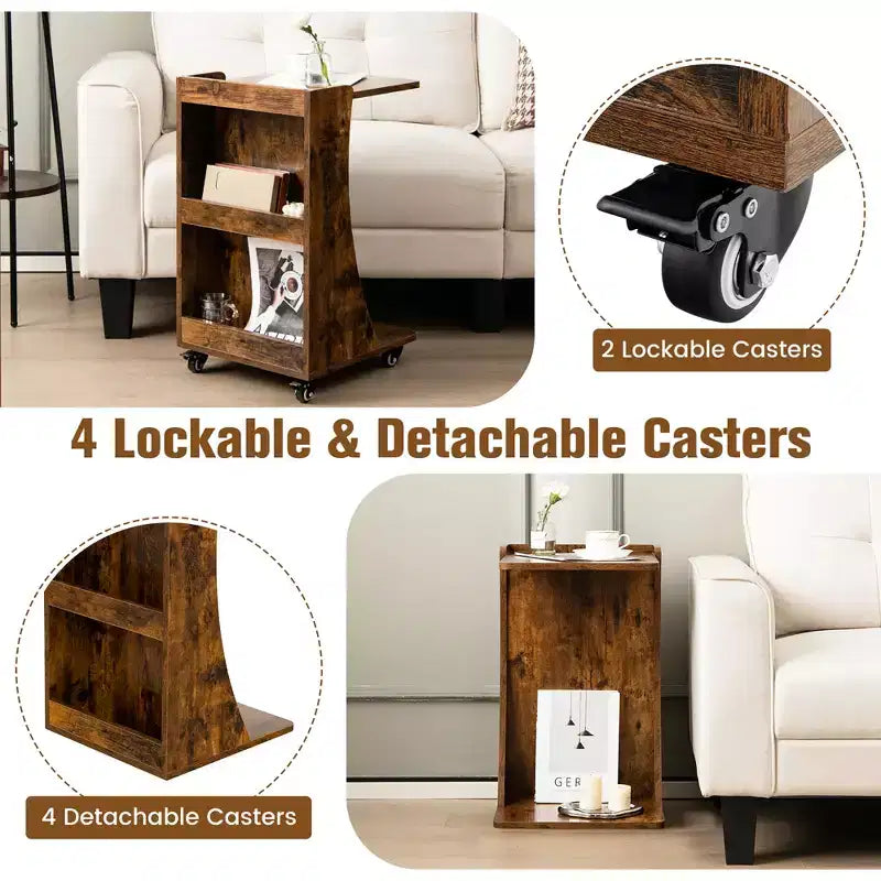 Table d'appoint avec roulettes, table d'appoint mobile en forme de C avec étagère de rangement ouverte à 2 niveaux et 2 compartiments de rangement arrière Marron/Gris