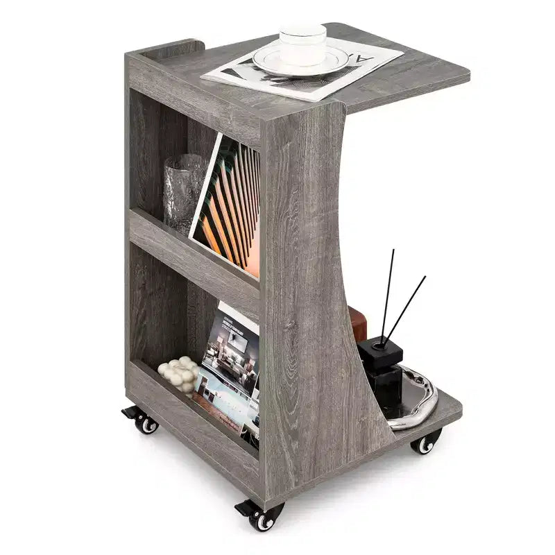 Table d'appoint avec roulettes, table d'appoint mobile en forme de C avec étagère de rangement ouverte à 2 niveaux et 2 compartiments de rangement arrière Marron/Gris