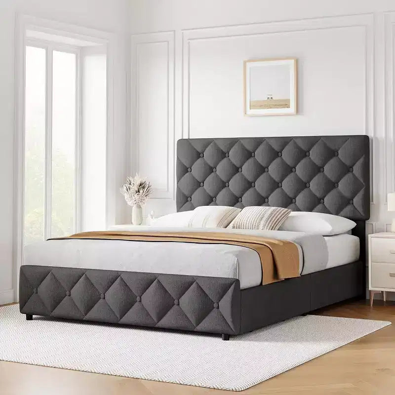 Cadre de lit plateforme en lin rembourré avec 4 tiroirs de rangement et tête de lit, capitonné avec motifs en losanges, gris