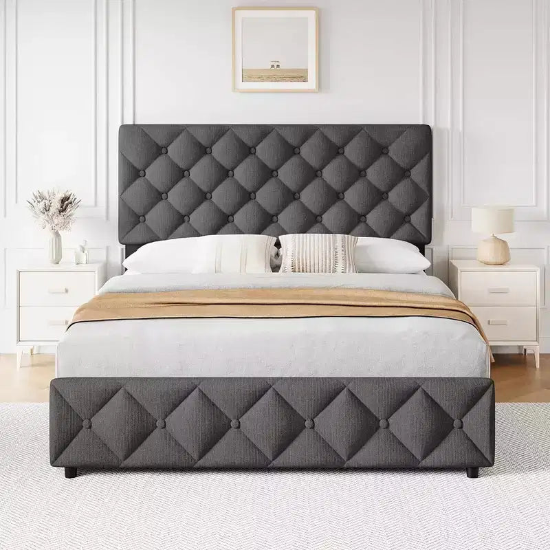 Cadre de lit plateforme en lin rembourré avec 4 tiroirs de rangement et tête de lit, capitonné avec motifs en losanges, gris