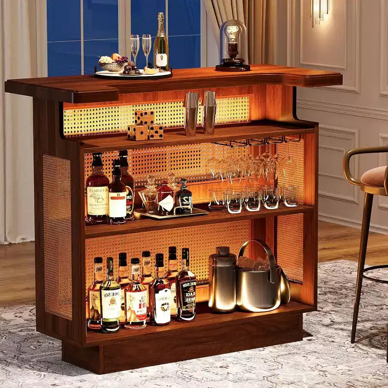 Meuble Bar en Rotin, Mini Bar de Ferme à 4 Niveaux avec 4 Supports à Verres et Base Surélevée, Meuble Bar à Liqueur pour Bar à Domicile