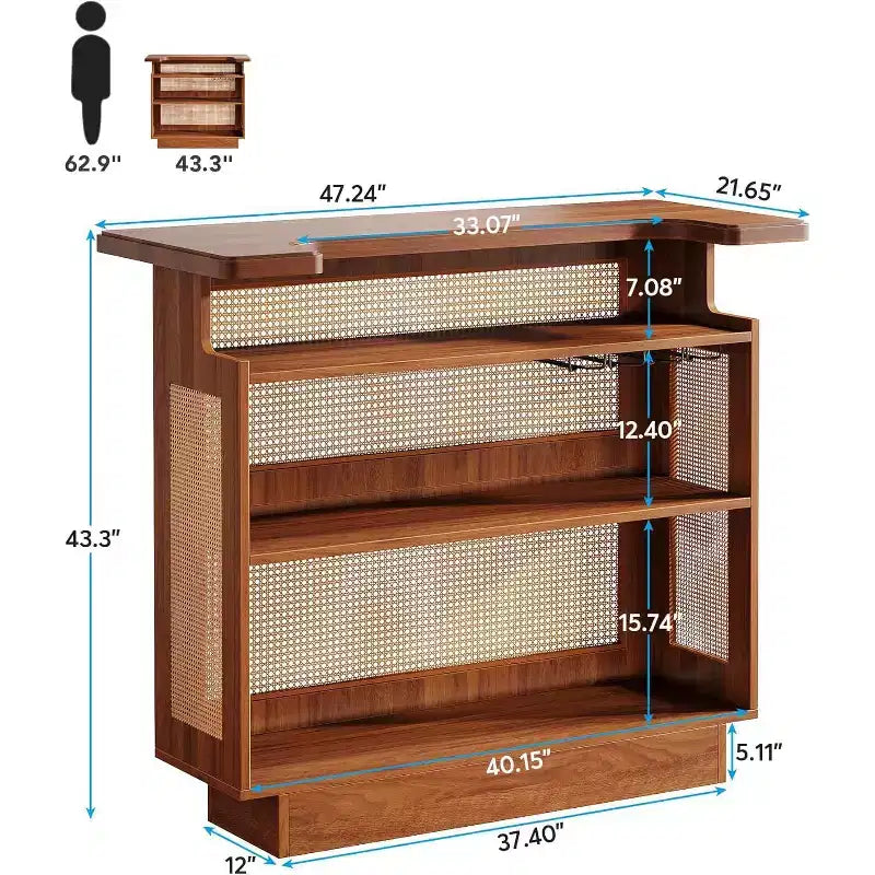 Meuble Bar en Rotin, Mini Bar de Ferme à 4 Niveaux avec 4 Supports à Verres et Base Surélevée, Meuble Bar à Liqueur pour Bar à Domicile