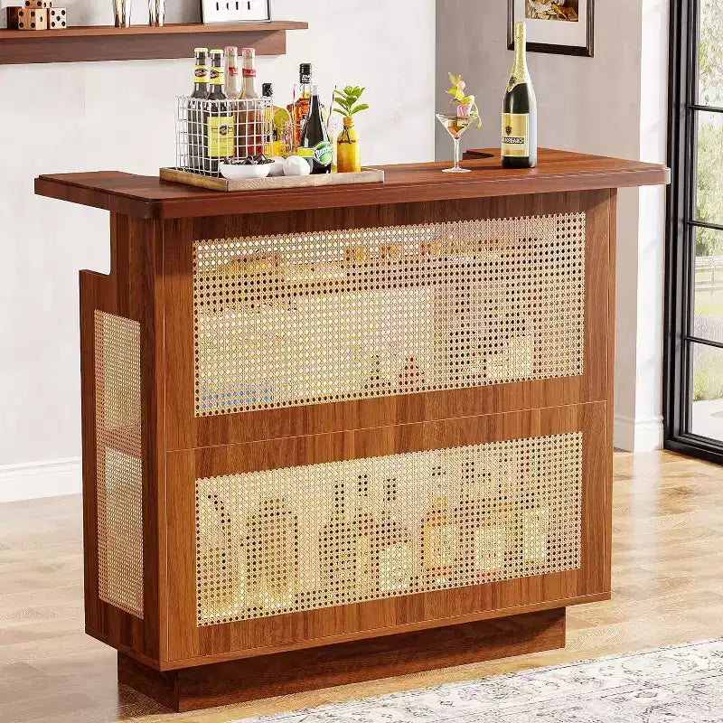 Meuble Bar en Rotin, Mini Bar de Ferme à 4 Niveaux avec 4 Supports à Verres et Base Surélevée, Meuble Bar à Liqueur pour Bar à Domicile