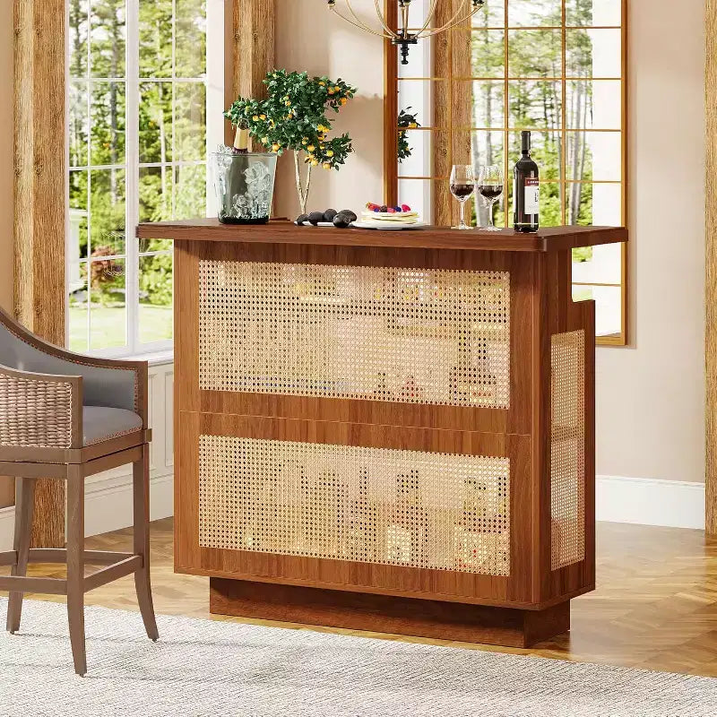 Meuble Bar en Rotin, Mini Bar de Ferme à 4 Niveaux avec 4 Supports à Verres et Base Surélevée, Meuble Bar à Liqueur pour Bar à Domicile