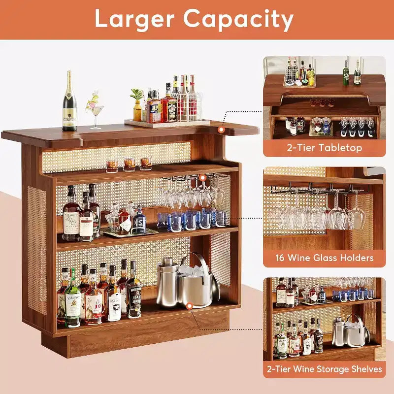 Meuble Bar en Rotin, Mini Bar de Ferme à 4 Niveaux avec 4 Supports à Verres et Base Surélevée, Meuble Bar à Liqueur pour Bar à Domicile