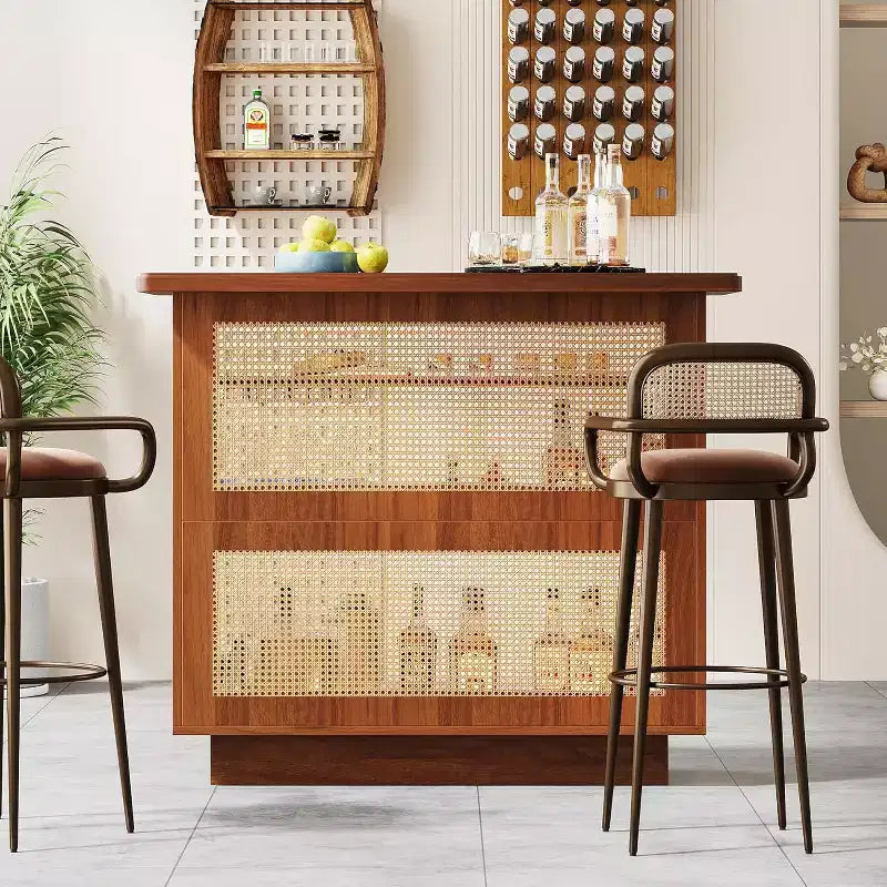 Meuble Bar en Rotin, Mini Bar de Ferme à 4 Niveaux avec 4 Supports à Verres et Base Surélevée, Meuble Bar à Liqueur pour Bar à Domicile