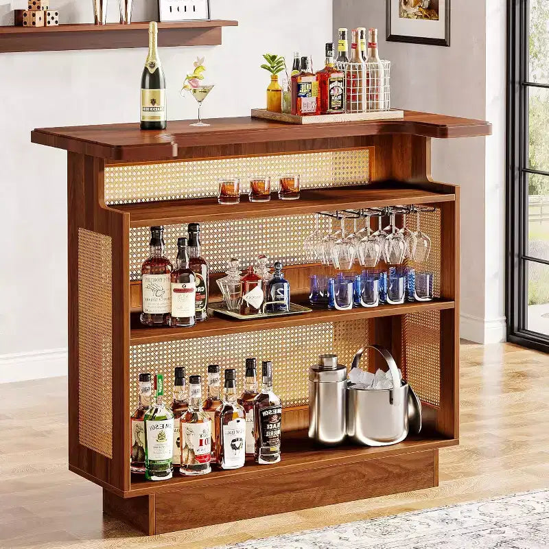 Meuble Bar en Rotin, Mini Bar de Ferme à 4 Niveaux avec 4 Supports à Verres et Base Surélevée, Meuble Bar à Liqueur pour Bar à Domicile