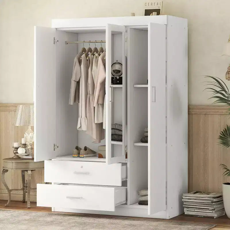 Armoire 3 portes avec étagères et 2 tiroirs, Garde-robe 4A