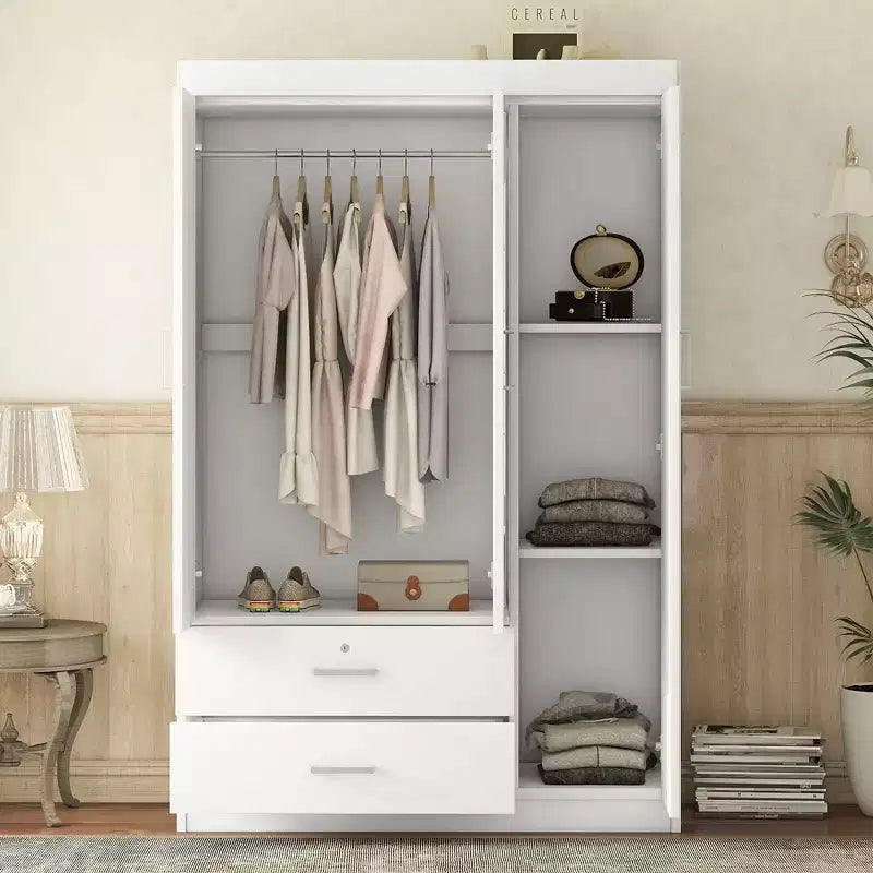 Armoire 3 portes avec étagères et 2 tiroirs, Garde-robe 4A