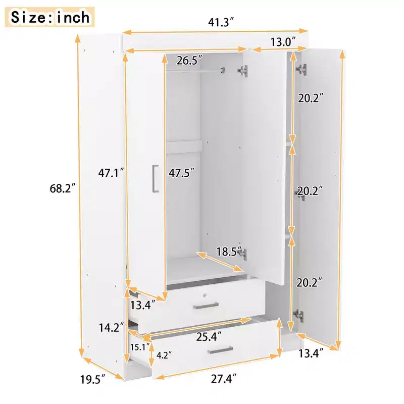 Armoire 3 portes avec étagères et 2 tiroirs, Garde-robe 4A