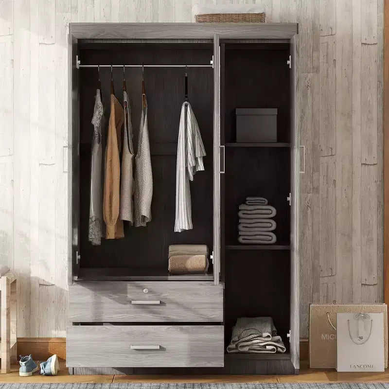 Armoire 3 portes avec étagères et 2 tiroirs, Garde-robe 4A
