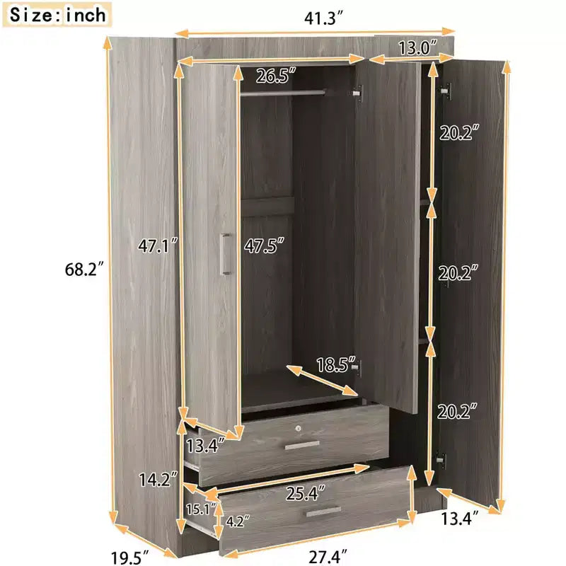 Armoire 3 portes avec étagères et 2 tiroirs, Garde-robe 4A