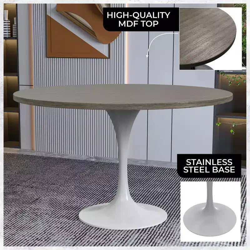 Table Moderne Du Milieu Du Siècle Avec Un Plateau Rond De 48 Et Acier Blanc